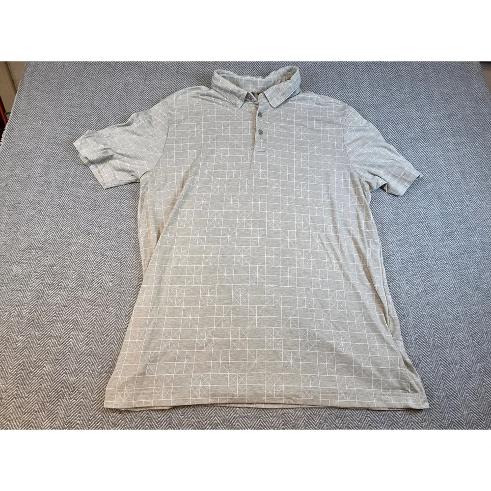 Adidas Mens Large Grey White Geometric Grid Short Sleeve Golf Polo Shirt